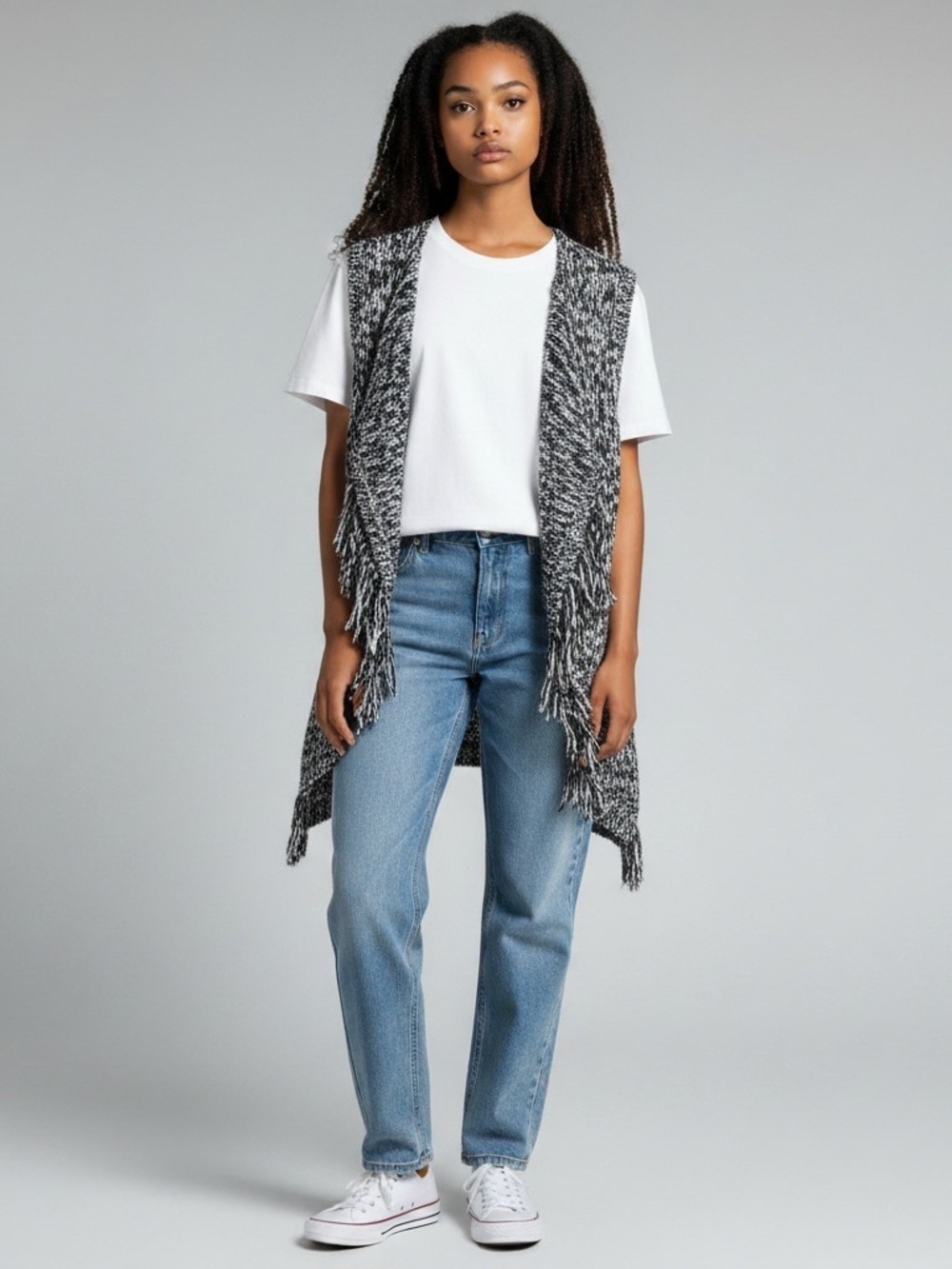 Cato Woman Long Knit Fringe Chunky Sweater Vest. Black White Size 18/20W #1092